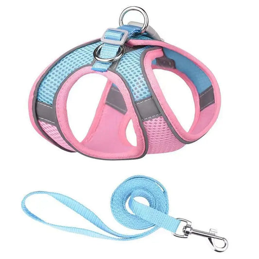 GlowEase Pink/Blue – Soft & Reflective Dog Harness with Leash