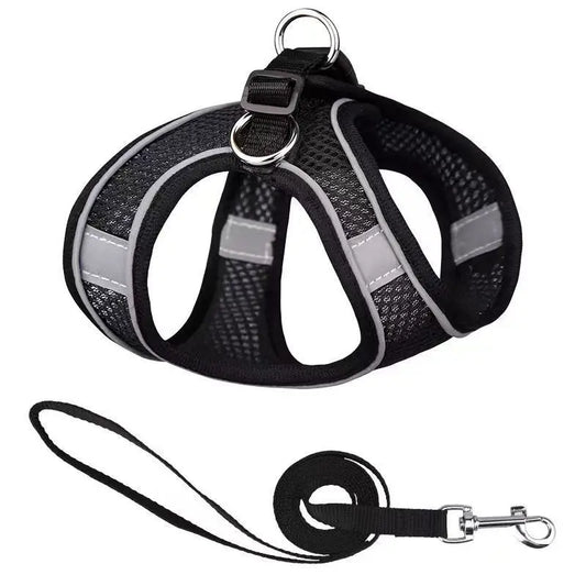 GlowEase Black – Soft & Reflective Dog Harness with Leash