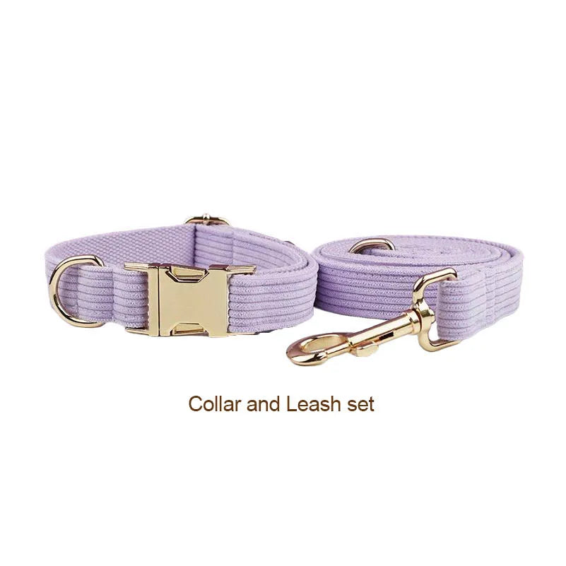 Pink Purple Corduroy Dog Collar And Leash Set