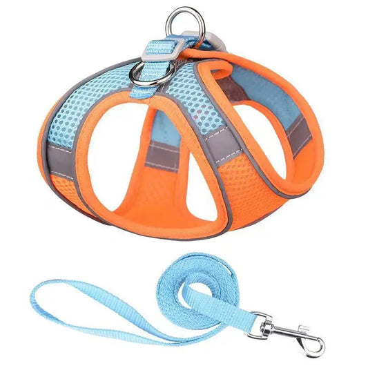 GlowEase Orange/Blue – Soft & Reflective Dog Harness with Leash