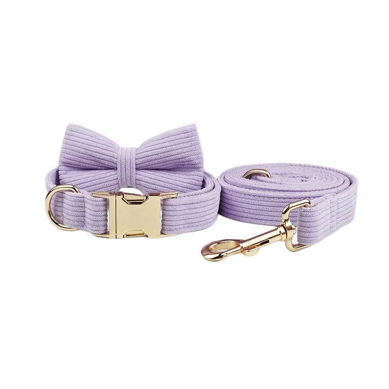 Pink Purple Corduroy Dog Collar And Leash Set